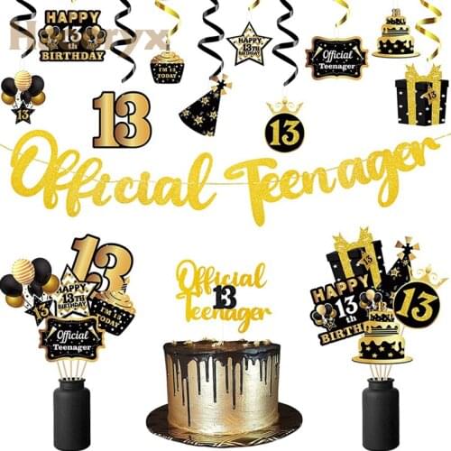 42Pcs 13th Birthday Party Decor Kits Teens Favor Black & Golden Cake Topper Banner Hanging Swirls Parties Supplies for Teen Kids