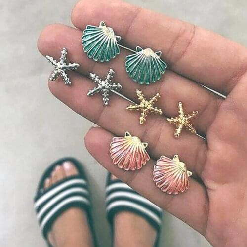 New Colored Starfish Shell Stud Earrings Set 4 Pairs Small Earrings Women Fashion Jewelry Birthday Gift Christmas Earring