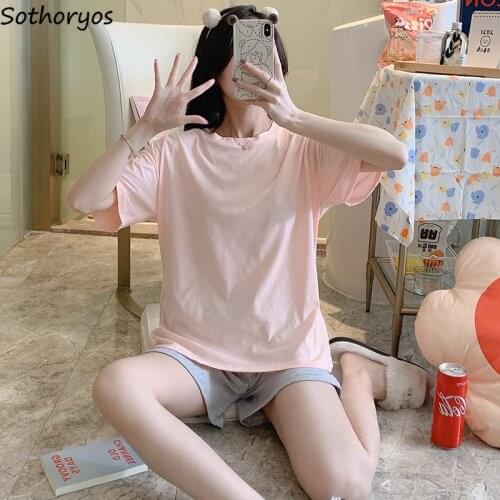 Simple Pajama Sets Women Solid Short Sleeve Tops Elastic Waist Shorts Basic Sleepwear Cozy Leisure Loose Females Lounge Popular