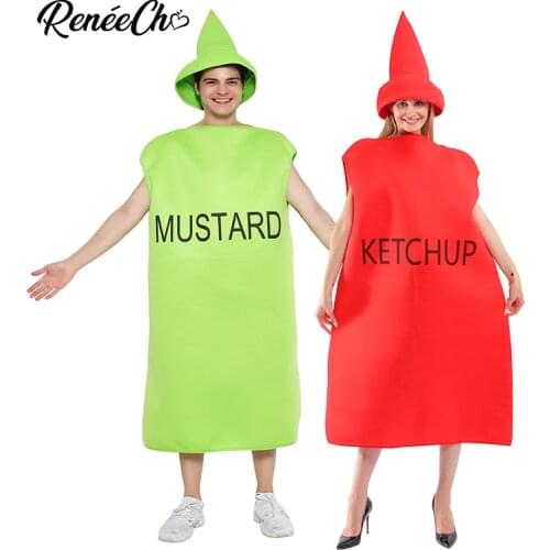 Reneecho Ketchup And Mustard Costume Halloween Couples Costumes for Adults Mascot Costume Food Cosplay For Purim Carnival