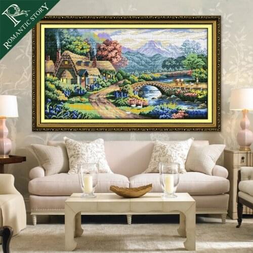 Romantic Story Village House and Bridge Scenic Painting Cross Stitch Handmade Needlework DMC Cross-Stitch For Embroidery Kits