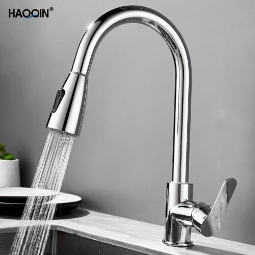 HAOQIN Matte Black Pull Out Spout Kitchen Faucets Basin Sanitary Ware Hot Cold Water Mixer Tap Single Hole Handle Sink Tap1006