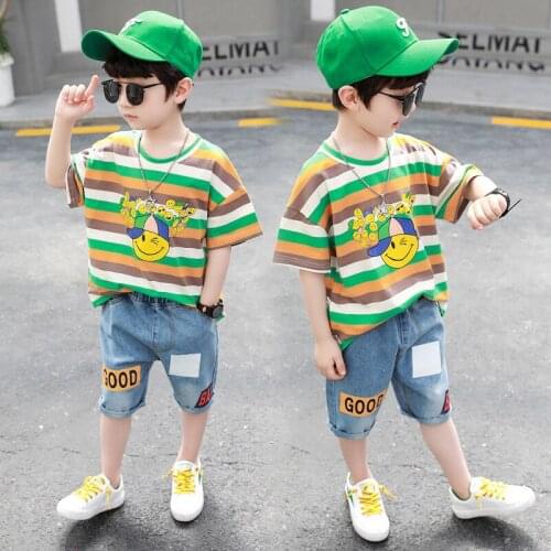 Childrens Boys Clothing Sets 2021 Summer New Kids Tracksuits Casual Print Striped T-shirt Denim Shorts 2pcs Suits For Boy 2-8 Y