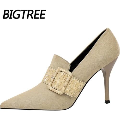 BIGTREE Shoes Flock High Heels Buckle Pointed Toe Fashion Women Pumps Basic Super Thin Heels Spring Autumn Women Shoes 9.5 Cm