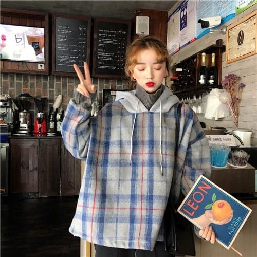 2020 Spring Womens Clothes Hoodies Korean Version Harajuku Stitching Plaid Sweatshirt Women Turtleneck Loose Leisure Hoodie Bts