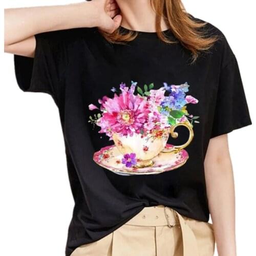 Black Tshirt Women Summer Flower Butterfly Print Casual T-Shirts Fashion Streetwear Short Sleeve O-Neck Tees Shirt