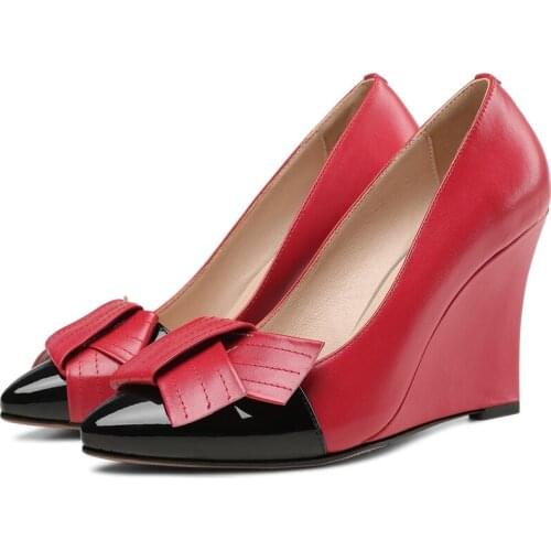 Fashion Spring Summer Women Platform Shoes Woman High Heels Leather Wedges Ladies Pumps Pointed Toes Dress Shoes Black Off-white