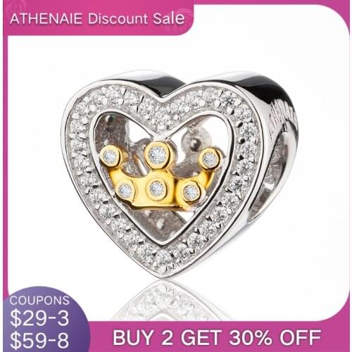 ATHENAIE 925 Silver with Pave Clear CZ Heart Shaped Love Crown in Heart Charm Beads Fit All European Bracelets For Women Jewelry