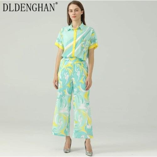 DLDENGHAN High Street Print Chiffon Two-Piece Suit For Women Lapel Single Breasted Shirt + Elastic Waist Long Pants Summer New