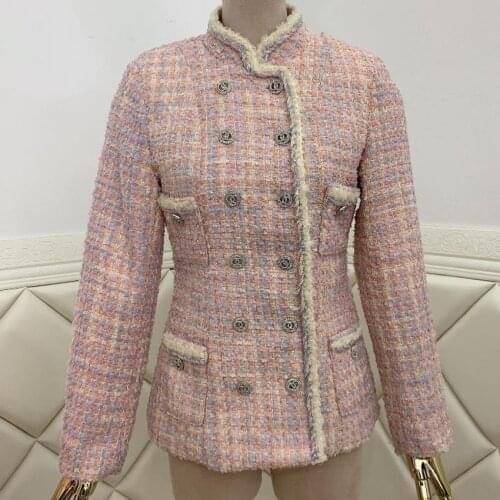 French style small fragrance tweed jacket women diamond double breasted slim weave top outerwear