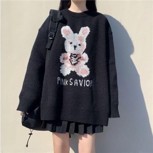 Korean Fashion Jumper Women 2021 Spring Cute Rabbit Letters Long Sleeve Knitted Sweater Casual Oversized Pullover Tops T566