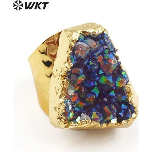 WT-R304 Fashion Special Design Aura Colorful ring Jewelry Gift Natural Aura stone raw stone rings with gold trim for women