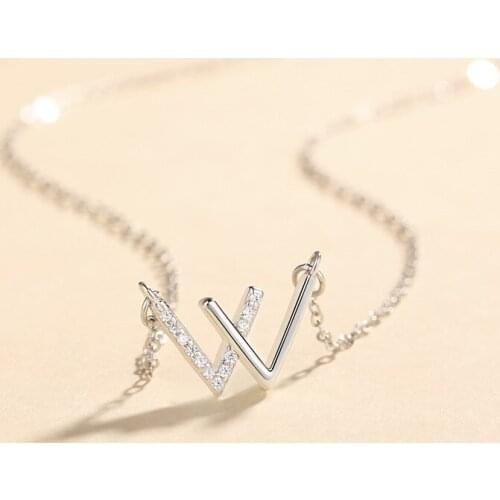 W Letter 925 Sterling Silver Necklace For Women Statement Cubic Zircon Stone Initial Chain Pendant Necklace Fashion Jewelry
