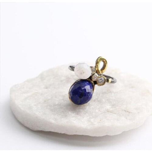 Blue Lapis Lazuli and White Zircon Gold Plated Womens Silver Ring,Woman 925Silver Zircon Handmade Ring