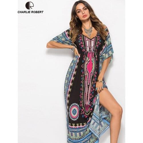 CR 2019 Summer New Womens Casual Loose Ankle-Length Dress Bohemian Long Dress V-neck Short Sleeve Beach Dress Drop Shipping