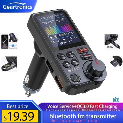 1.8"Wireless Car Bluetooth FM Transmitter Aux Supports QC3.0 Charging Treble and Bass Sound Music Player