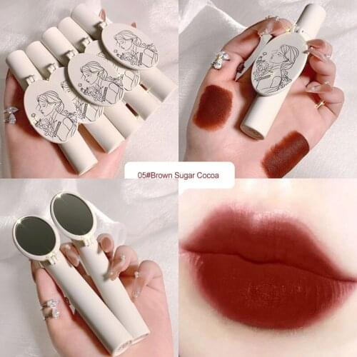 Matte Finish Lip Gloss With Makeup Mirror Sexy Red Nude Lipstick Waterproof Long Lasting Lips Makeup Lip Tint Pen Cosmetic 1PC