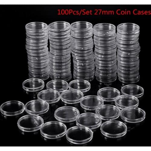 100Pcs 27mm Coin Cases Capsules Holder Applied Clear Portable Round Storage Box Storage Coins Transparent Protection
