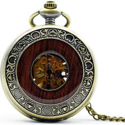 5pcs Antique Steampunk Wood&Bronze Roman Number Pendant Chain Automatic Mechanical Pocket Watch Men Womens Jewelry Gift