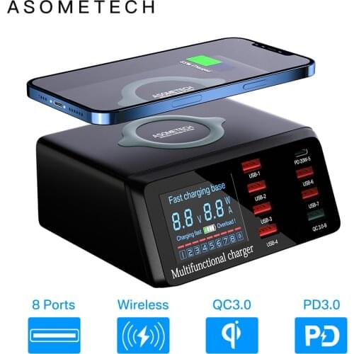 8 Ports USB HUB QI Wireless Charger For iPhone Samsung Xiaomi 100W Multi USB C Fast Charger QC3.0 Quick Charge Charging Station