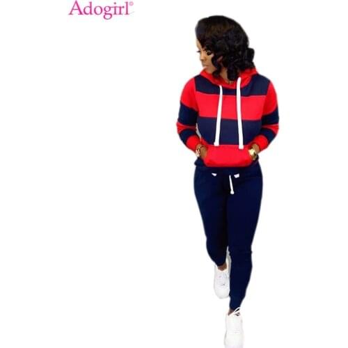 Adogirl Stripe Color Block Women Tracksuit Fashion Casual Two Piece Set Drawstring Long Sleeve Pullover Hoodie Fitness Pants