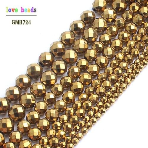 Natural Stone Beads Faceted Golds Pated Hematite Round Beads For Jewelry Making 15 inches 2/3/4/6/8/10mm Diy Jewelry