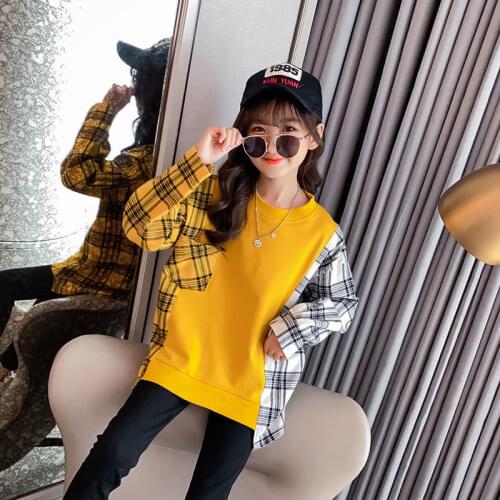 T-Shirt For Girls Autumn Girls Hoodies Sweatshirt Plaid T-Shirt Children Casual Style Teen Clothing For Girls 6 8 10 12 14 Year
