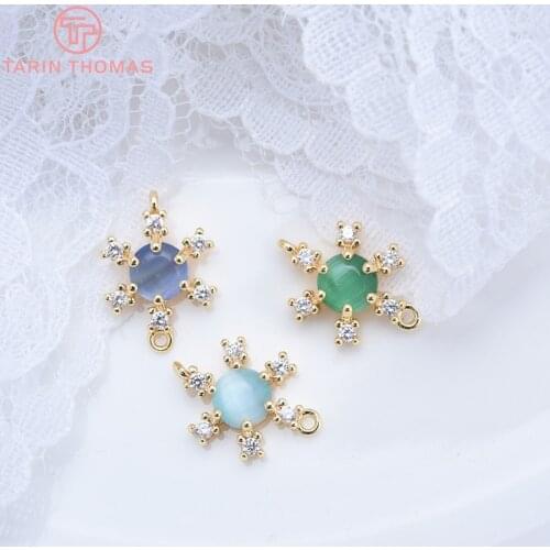4PCS 14MM 24K Gold Color Plated Brass with Colorful Zircon Flower Charms Pendants Connector High Quality Diy Jewelry Accessories
