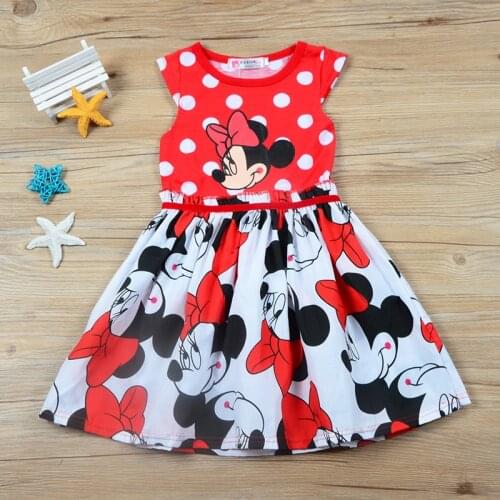 Disney Cartoon Baby Girl Summer Dress Minnie Mouse Print Round Neck Sleeveless Bow Knot Dots Decroration Childrens Clothing