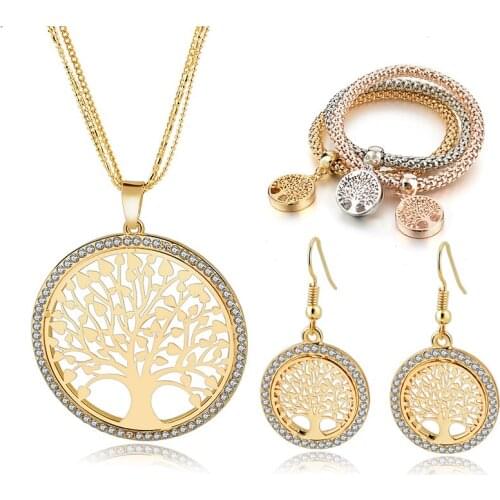 LongWay Gold Color Tree Of Life Jewelry Set For Women Girls Necklace Earrings Bracelets Wedding Crystal Jewellery Set SET160008