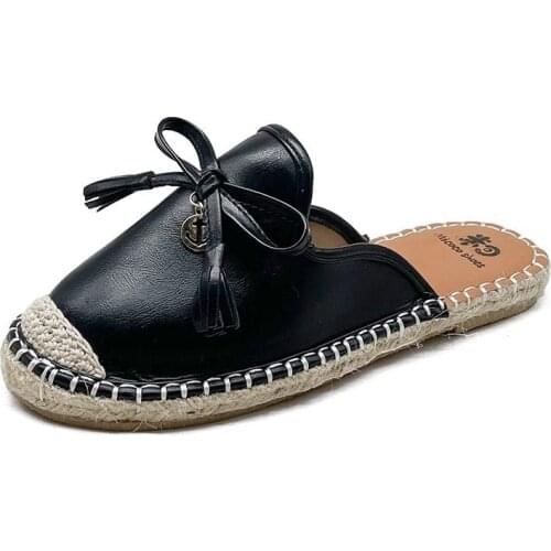 2021 Spring Summer Women Mules Shoes Brand Slippers Fashion Round Toe Bowknot Baotou Straw Plaited Article Fisherman Slippers