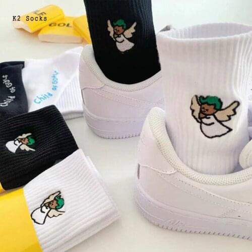New Kawaii Streetwear Angel Soft Sockings Cotton Harajuku White Black Letter Fashion Long Skateboard Girls Men and Women Socks