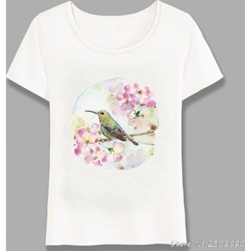 New Summer Autumn Watercolor Hummingbird And Pink Rose T-Shirt Cute Women T Shirt Girl Casual Tops Woman Tees Harajuku