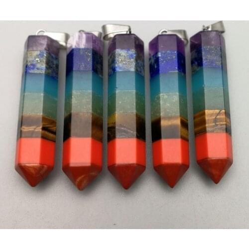 Fashion Natural crystal pillar Wisdom 7 Chakra Reiki Healing Stone Pendant for Jewelry making Necklace accessories 2pcs/lot