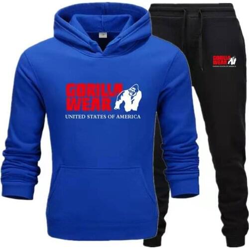 New Mens Hoodie Set Tracksuit Fashion GORILLA WEAR Sportswear Two Piece Sets All Cotton Fleece Thick hoodie+Pants Sporting set
