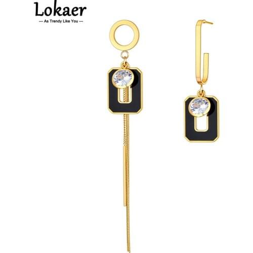 Lokaer Trendy Stainless Steel Bohemia Party Dangle Earrings Goth Asymmetric CZ Crystal Tassel Earrings Jewelry For Women E21088