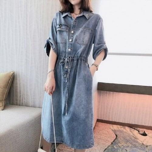 Ladies jeans Dresses Summer short sleeve Slim turn down collar Long Denim Dresses european Female dresses women jeans dresses