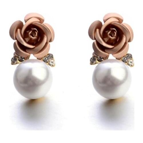 Rose Simulated Pearl Stud Earrings For Women Zirconia Engagement Earrings Lady Weding Party Decorations Fashion Jewelry