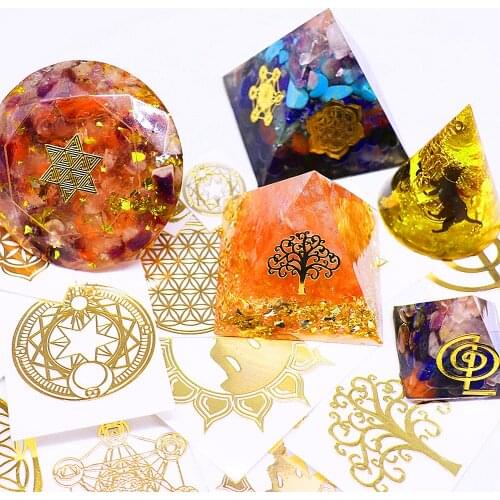10pcs Mixing 4cm Energy stickers DIY Crystal Epoxy accessories Metal copper stickers Tower Flower of Life Six-pointed star