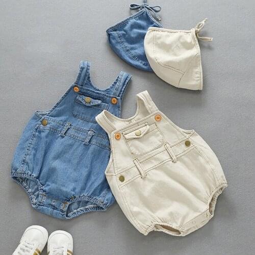 2020 New Summer Baby Rompers with Hat Fashion Infant Boys Denim Jumpsuit Pocket Sleeveless Newborn Clothes Outfits