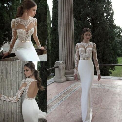 2021 Vestido De Noiva Berta Mermaid Wedding Dresses Cheap Spring Summer High Neck Long Sleeve Sheer Lace Backless Bridal Gowns