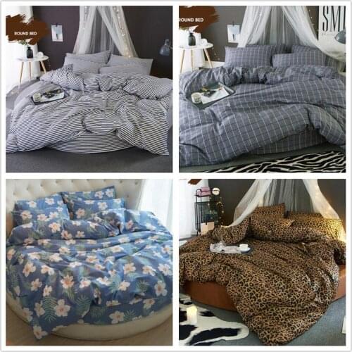 100% Pure Cotton Round Bed 4 Pcs Leopard Print Cartoon Stripe Lattice Pillowcase & Duvet Cover Fitted Sheet Sets 200cm 220cm