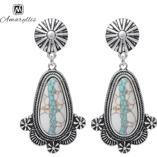 Amaiyllis Retro Turquoises Earrings For Women Ethnic Stone Pendant Stud Earrings Vintage Waterdrop Earrings