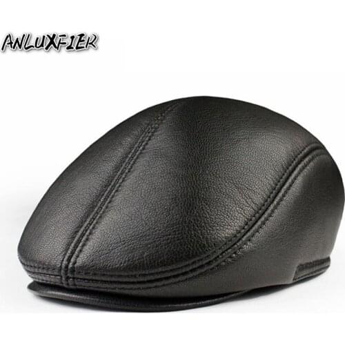B-8653 Male Genuine Leather Visors Hat Mens Winter Warm Sheepskin Beret Cap Men Ear Protection Duck Tongue Forward Caps