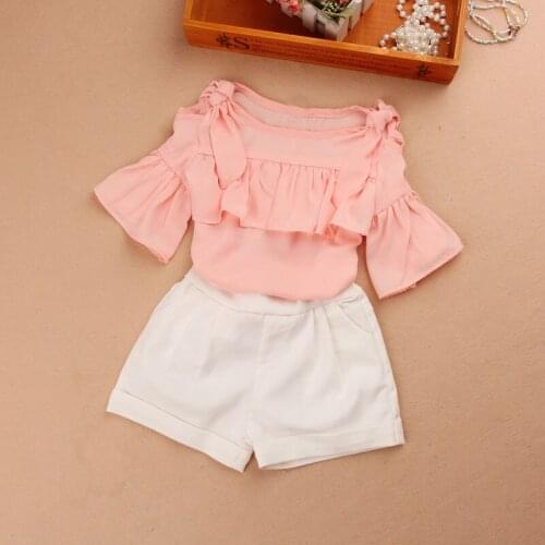 2017 Summer 2-15Year Child Baby Teenage Girls Blouse Kids Shirts Pink Chiffon Ruffles Short Sleeve Off Shoulder Girl Tops AA2185