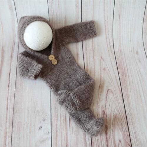 Baby Hoodie Brown Mohair Baby clothes Outfit Knitted Newborn Boy Footed Romper Infant Hooded Romper Photography Props