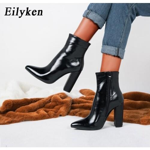 Eilyken 2021 New Winter High Heels Thick Heels Ankle Boot Pointed Toe Shoes Female Zip Shoes Ladies Chelsea Boots Women