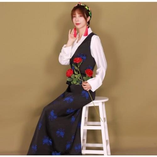 Ethnic clothing Women traditional tibetan cheongsam Top+Sleeveless gown summer classical Asia costume silk dress