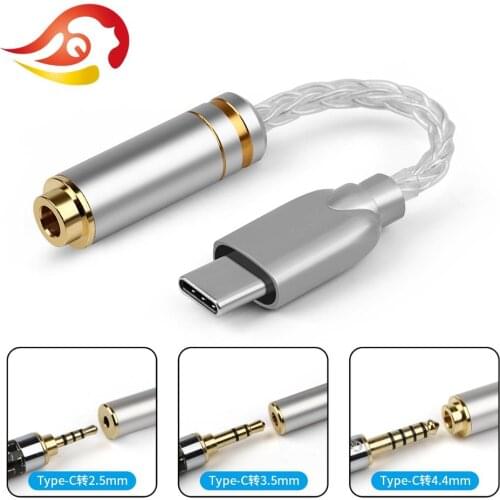 QYFANG Pure Silver Line Type-C To 2.5/3.5/4.4mm Earphone Jack Metal Adapter Aux Charging Audio Converter Cable Wire Connector