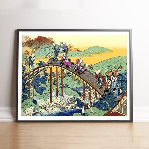 Mario Kart on The Arched Bridge Poster Nintendo Cartoon Super Mario Wall Hokusai Gamer Wall Art Painting Pictures Room Decor
